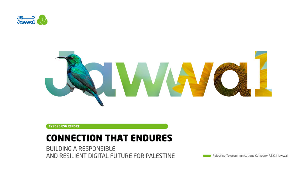 Jawwal sustainability report — bilingual editorial and infographic design